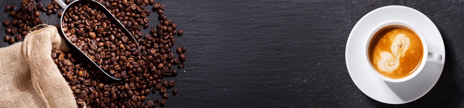cup of coffee and coffee beans in a sack on dark background, top view Print and Apply Labelling Automation